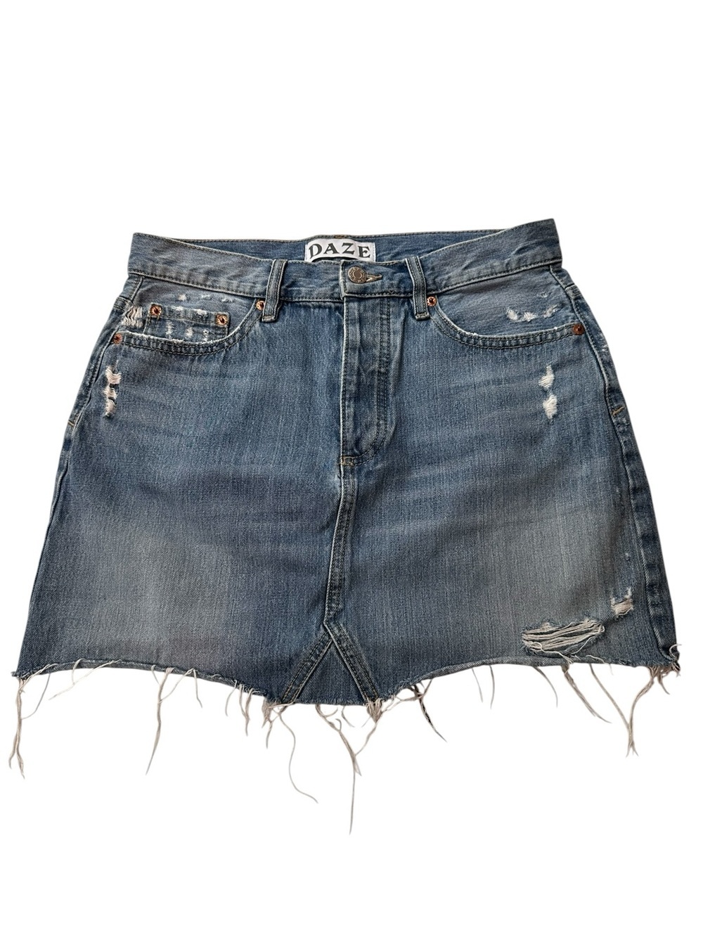 DAZE Distressed Denim Cutoff Mini Skirt, 28